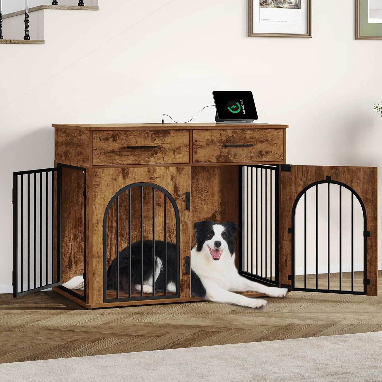 39.4'' Dog Crate Furniture with 2 Drawers, Indoor Dog Kennel with Charging Station, Wooden Dog Cage Side End Table Kennel for Medium/Large Dogs, Rustic Brown DFC84201B