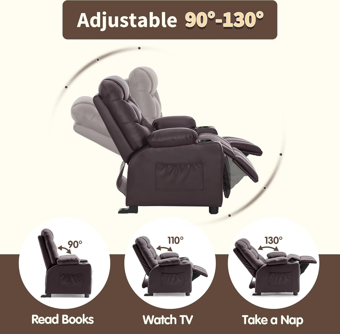 Big Kids Recliner for Ages 3+, Child Reclining Chair, Toddlers Recliner Sofa with Cup Holders (Faux Leather, Dark Brown)