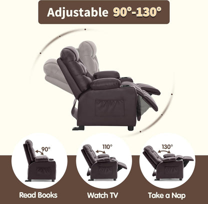 Big Kids Recliner for Ages 3+, Child Reclining Chair, Toddlers Recliner Sofa with Cup Holders (Faux Leather, Dark Brown)