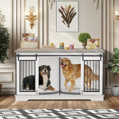 60.6 Inch Double Dog Crate with Divider, 2-In-1 Heavy Duty Dog Crate TV Stand with 2 Sliding Doors and Thick Iron, Indoor Dog House for 2 Dogs (White)