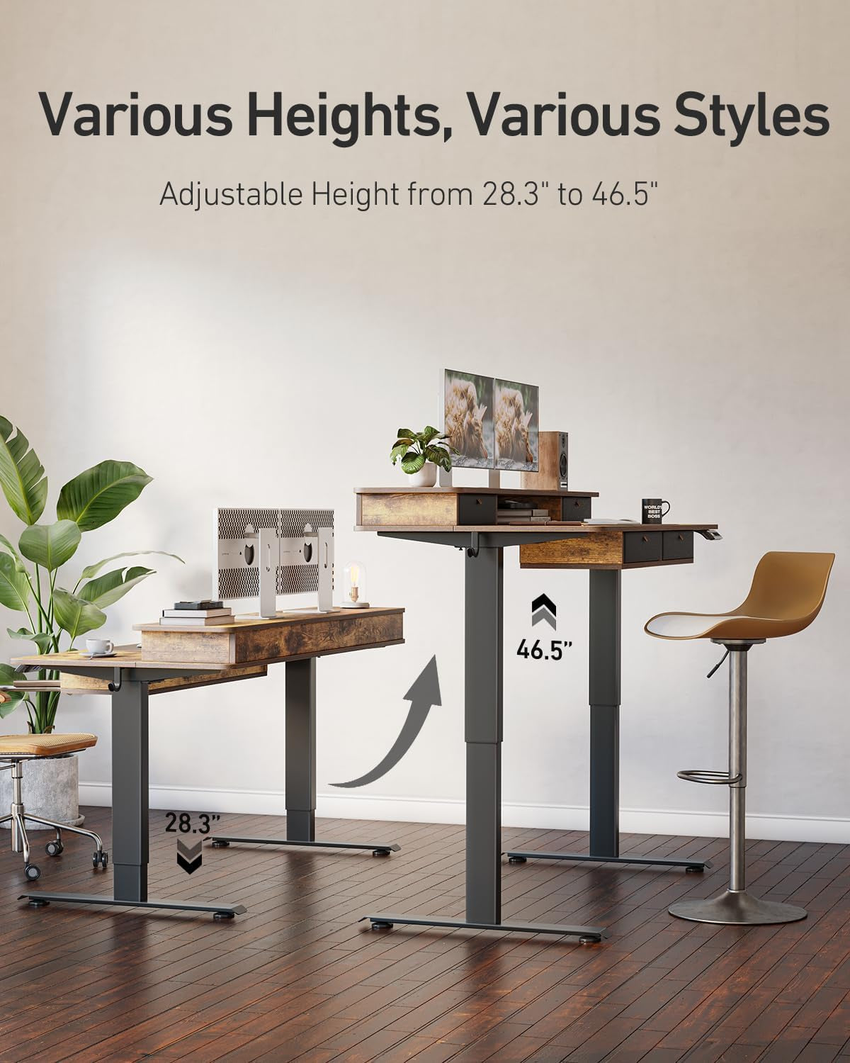 55" X 30" Standing Desk with Drawers, Height Adjustable Electric Workstation, Computer Sit Stand up Table with Large Storage Shelf 4 Drawers and 2 Hooks, Rustic Brown