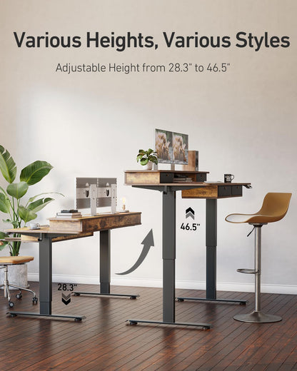 55" X 30" Standing Desk with Drawers, Height Adjustable Electric Workstation, Computer Sit Stand up Table with Large Storage Shelf 4 Drawers and 2 Hooks, Rustic Brown