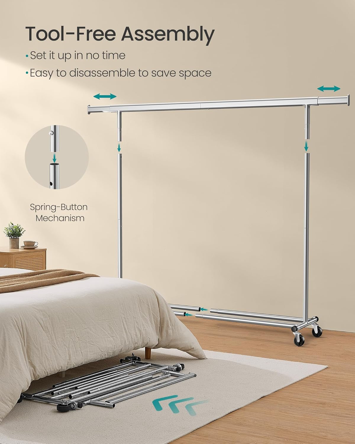Clothes Rack with Wheels, Heavy-Duty Clothing Rack for Hanging Clothes, Portable, 17.7 X (63-78.7) X 63.6 Inches, with Extendable Rail, 330 Lb Load Capacity, Silver UHSR175E01