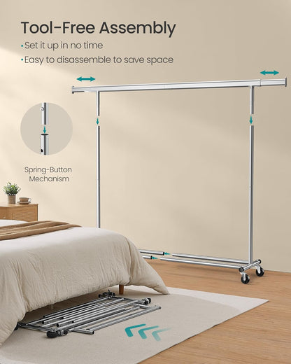 Clothes Rack with Wheels, Heavy-Duty Clothing Rack for Hanging Clothes, Portable, 17.7 X (63-78.7) X 63.6 Inches, with Extendable Rail, 330 Lb Load Capacity, Silver UHSR175E01