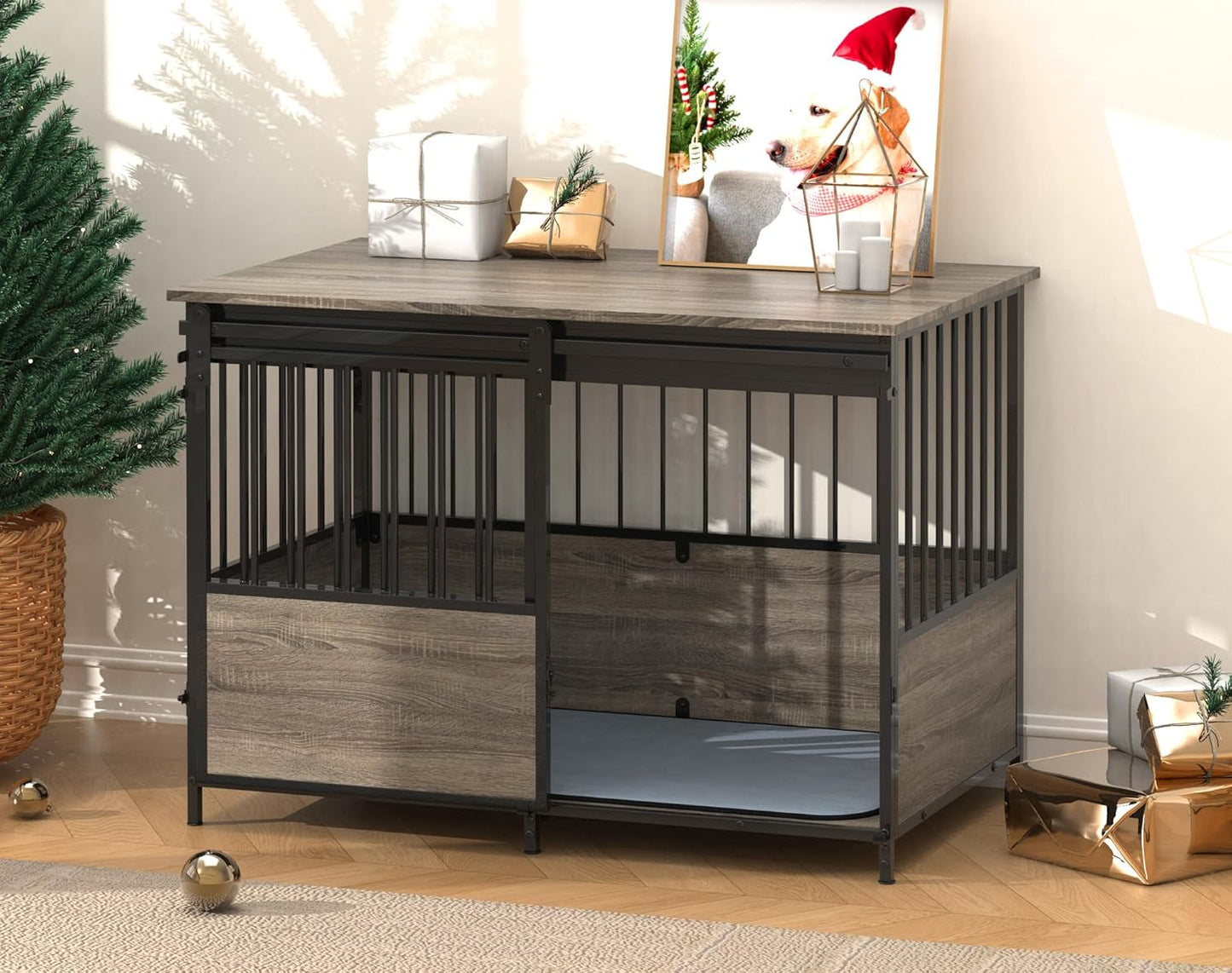 40 Inch Dog Crate Furniture, Heavy Duty Dog Kennel Indoor with Cushion & Double Doors, Wooden Dog Cage Side End Table for Medium Large Dogs, Grey