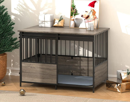 40 Inch Dog Crate Furniture, Heavy Duty Dog Kennel Indoor with Cushion & Double Doors, Wooden Dog Cage Side End Table for Medium Large Dogs, Grey