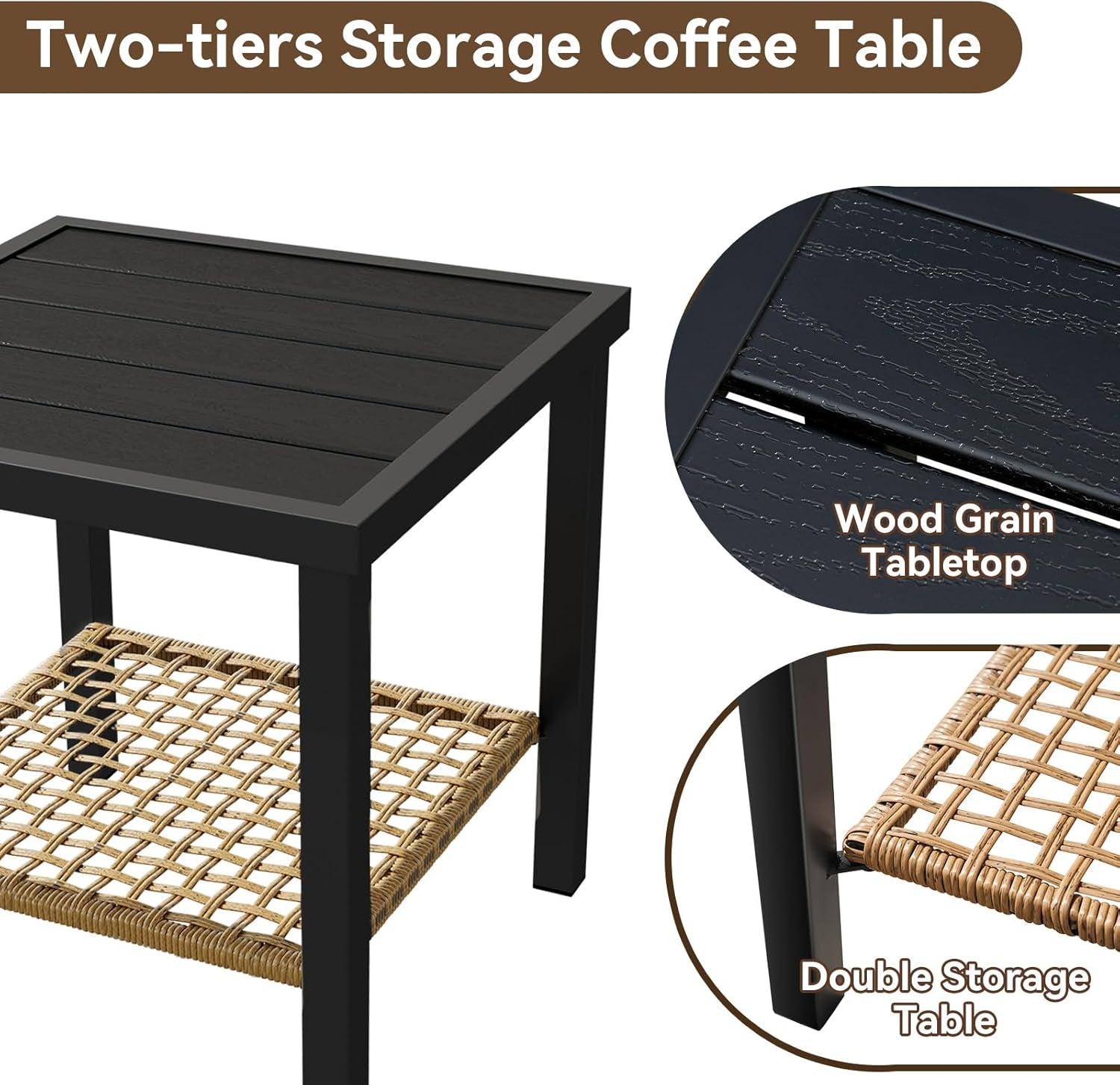 3-Piece Outdoor Rocking Bistro Set, Patio Furniture Set with Coffee Table and Thick Cushions, Wicker Rocking Chairs Set of 2 for Garden, Balcony, Backyard, Poolside (Beige)