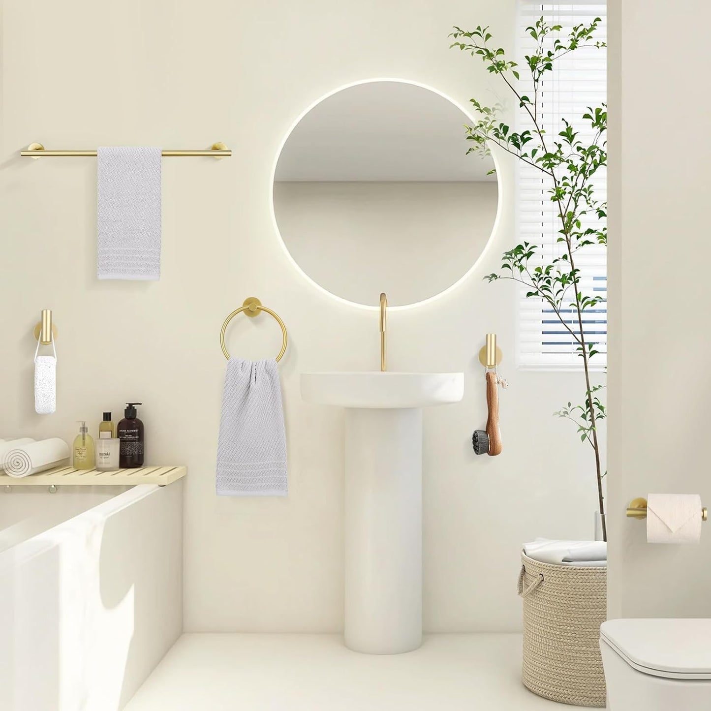 Brushed Gold 5 Piece Bathroom Hardware Set, SUS304 Stainless Steel 24 Inch Bath Towel Bar Set, round Bathroom Accessories Kit Wall Mounted