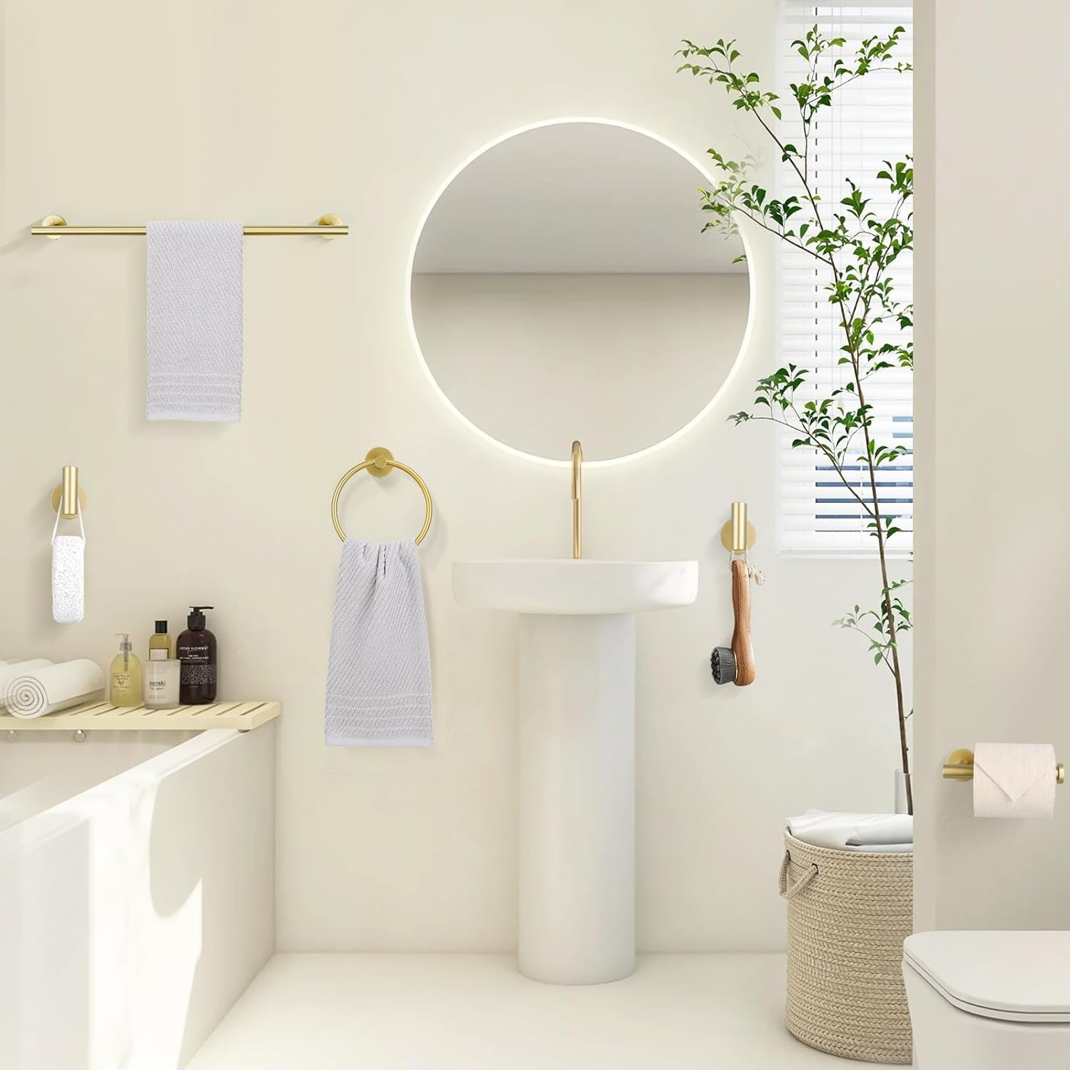 Brushed Gold 5 Piece Bathroom Hardware Set, SUS304 Stainless Steel 24 Inch Bath Towel Bar Set, round Bathroom Accessories Kit Wall Mounted