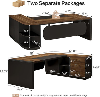 81-Inch L-Shaped Office Desk, Large Commercial Office Desk with Drawers and File Cabinet, Modern Professional Business Furniture Workstations with Storage Shelves, Brown & Black