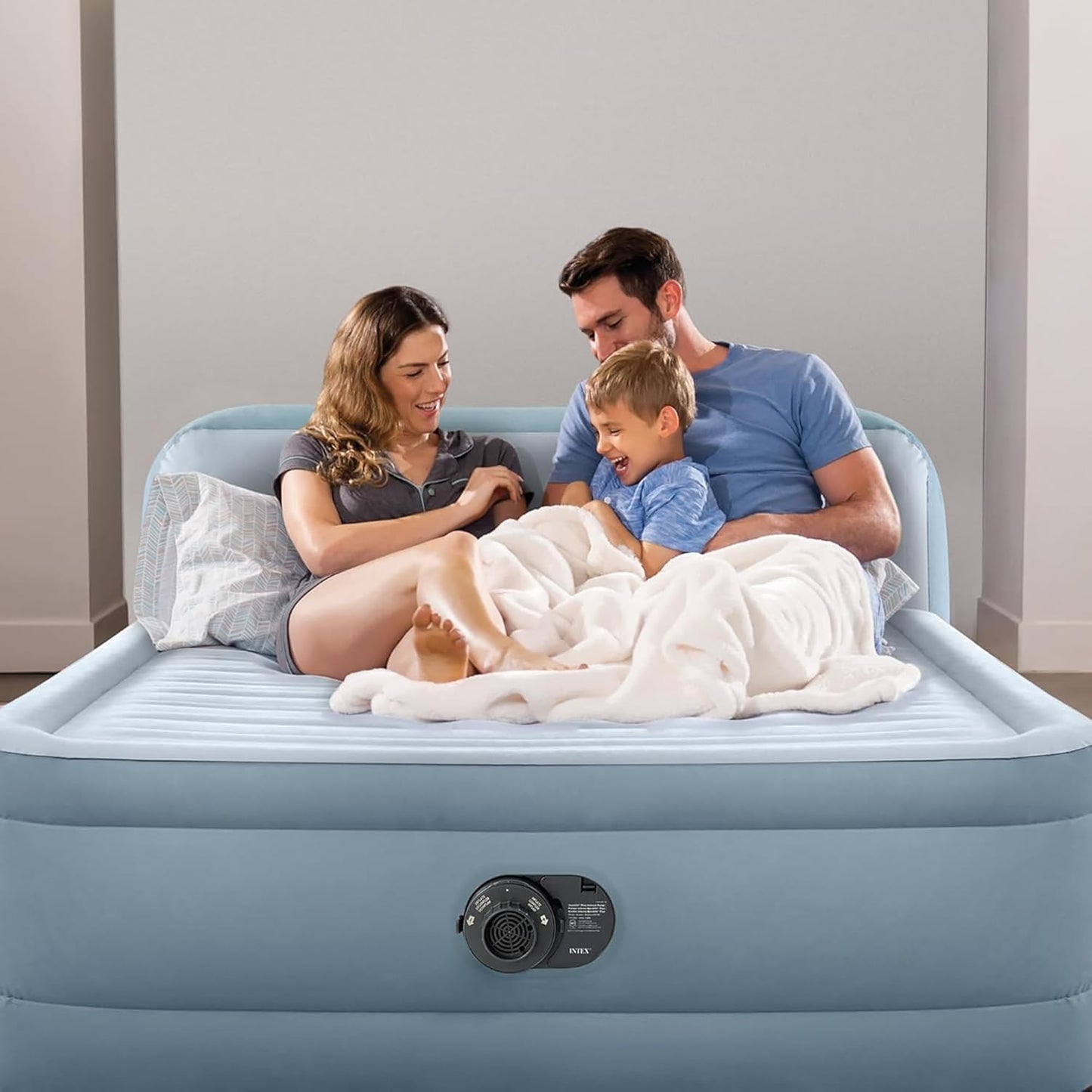 64449ED Dura-Beam Deluxe Plush Air Mattress with Headboard: Fiber-Tech - Queen Size - Built-In Electric Pump - 18In Bed Height - 600Lb Weight Capacity