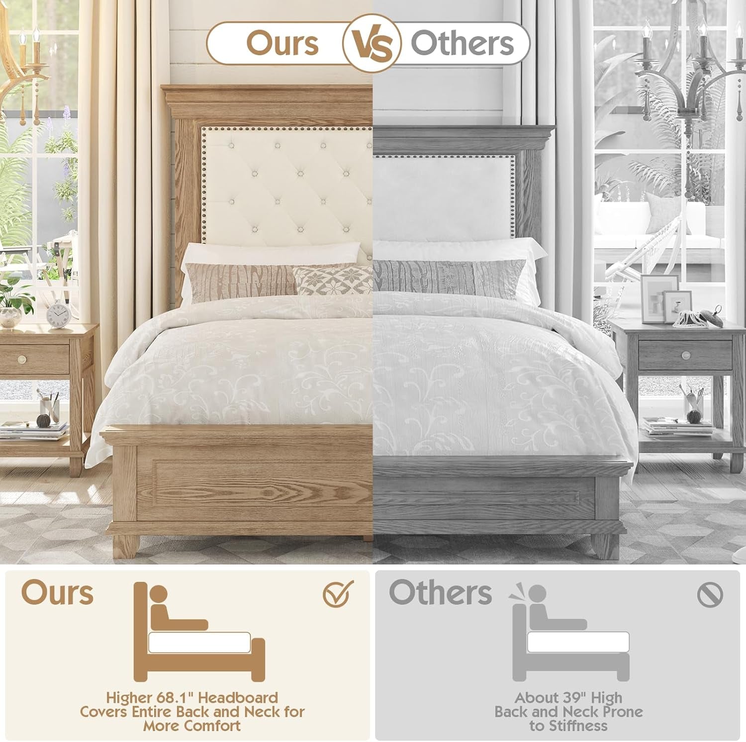 Queen Rustic Solid Wood Bed Frame with 68" Tall Headboard, Farmhouse Chenille Upholstered Panel Platform Bed Mattress Frame, Button Tufted/Antique Brass Nail Trim/No Box Spring Needed, Milk Ash