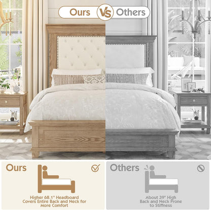 Queen Rustic Solid Wood Bed Frame with 68" Tall Headboard, Farmhouse Chenille Upholstered Panel Platform Bed Mattress Frame, Button Tufted/Antique Brass Nail Trim/No Box Spring Needed, Milk Ash