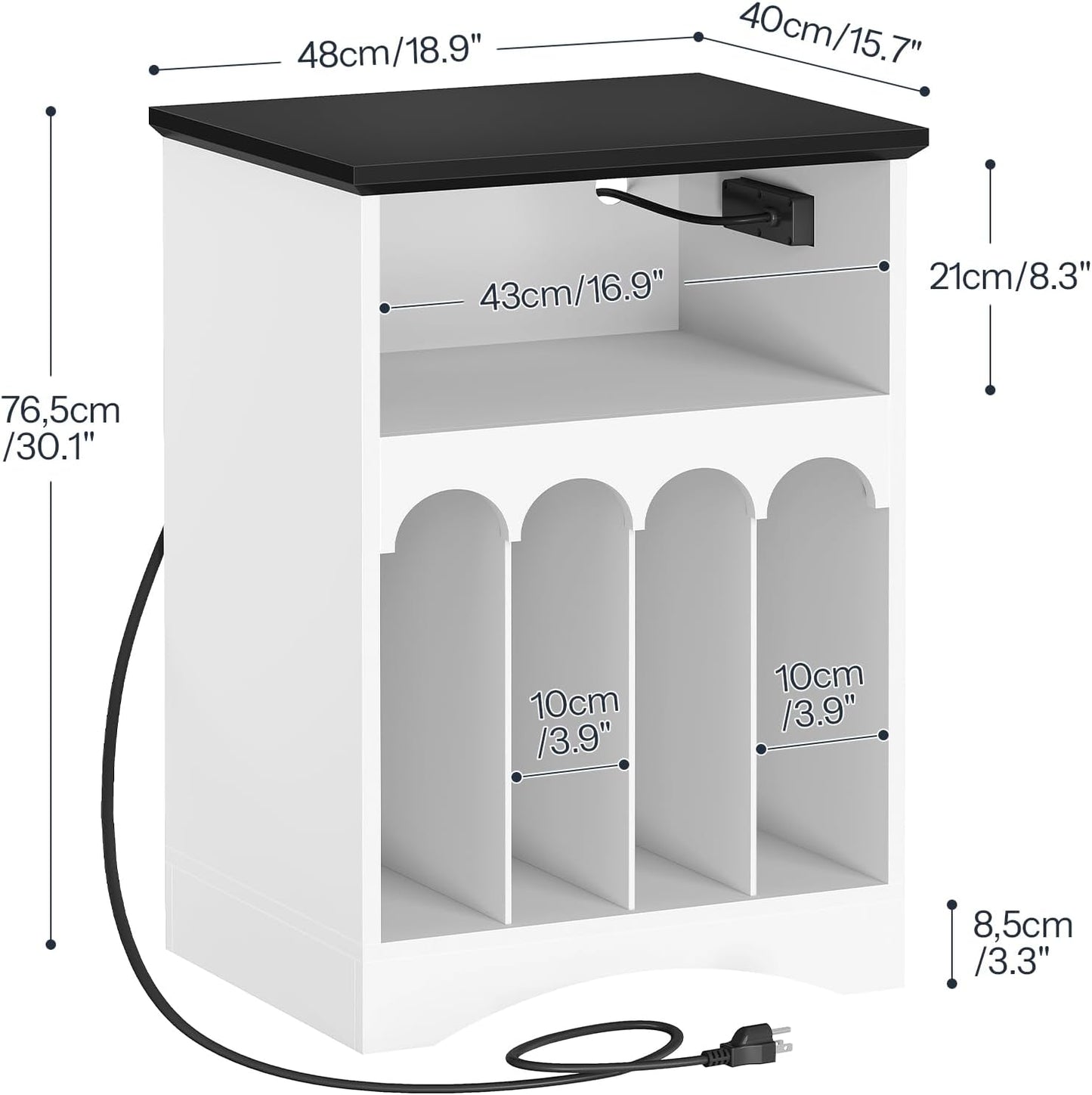 Farmhouse Record Stand with Charging Station and LED Lights, Compact Vinyl Storage Cabinet Holds up to 230 Albums, Turntable Holder for Living Room, Bedroom, Black and White WB40UDRS01