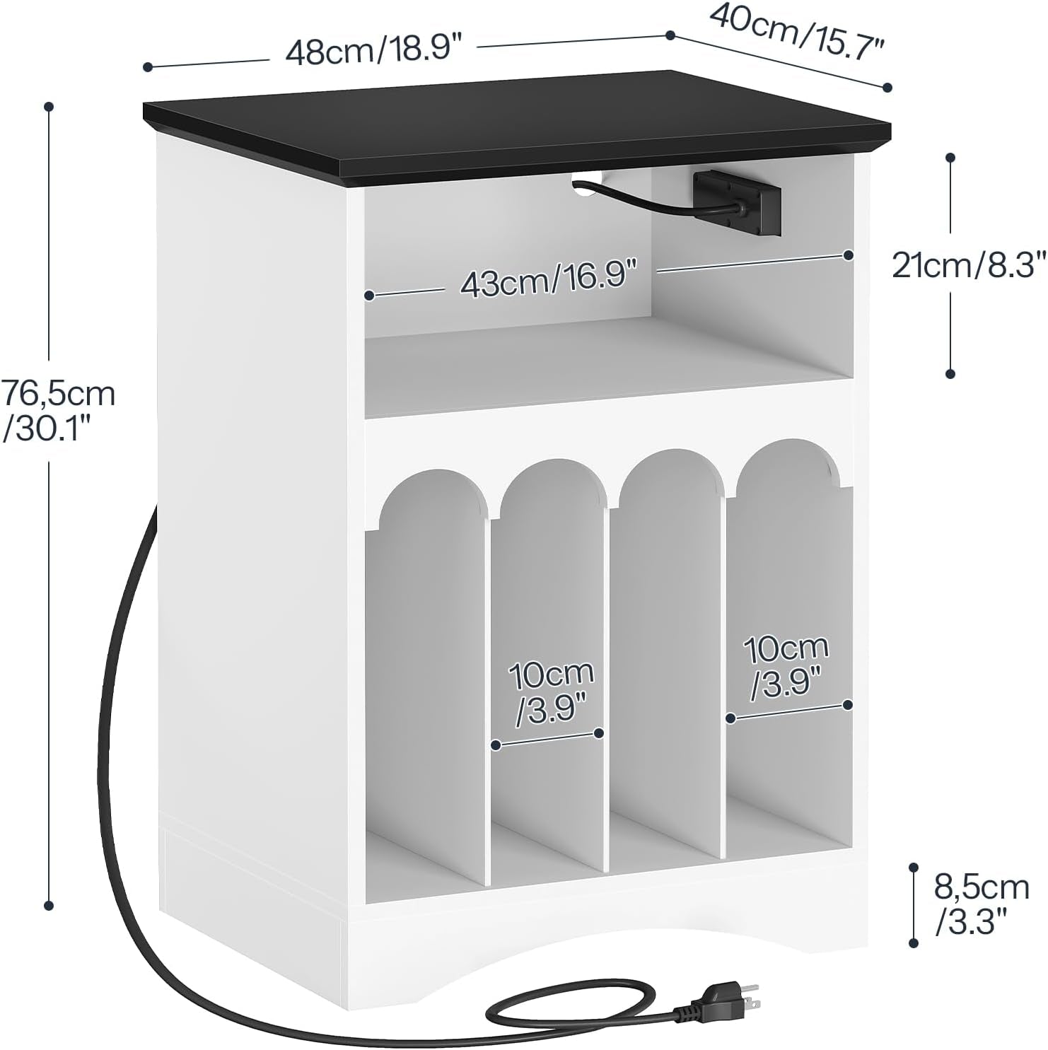 Farmhouse Record Stand with Charging Station and LED Lights, Compact Vinyl Storage Cabinet Holds up to 230 Albums, Turntable Holder for Living Room, Bedroom, Black and White WB40UDRS01