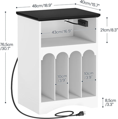 Farmhouse Record Stand with Charging Station and LED Lights, Compact Vinyl Storage Cabinet Holds up to 230 Albums, Turntable Holder for Living Room, Bedroom, Black and White WB40UDRS01