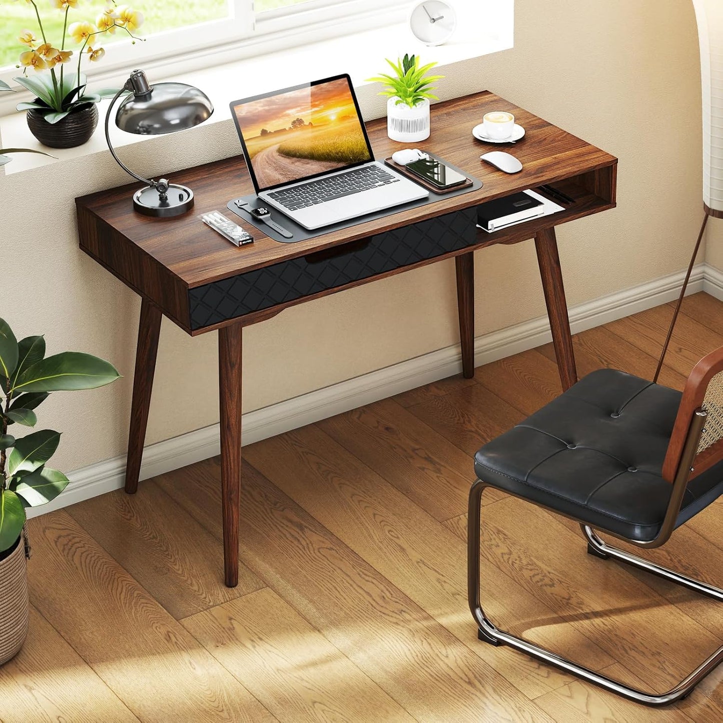 Mid-Century Modern Computer Desk, Home Office Desk W/Drawer & Open Compartment, Laptop PC Desk W/Rubber Wood Legs, Makeup Vanity Table, Vintage Writing Desk Workstation for Study, Bedroom