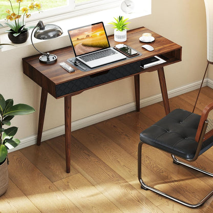 Mid-Century Modern Computer Desk, Home Office Desk W/Drawer & Open Compartment, Laptop PC Desk W/Rubber Wood Legs, Makeup Vanity Table, Vintage Writing Desk Workstation for Study, Bedroom