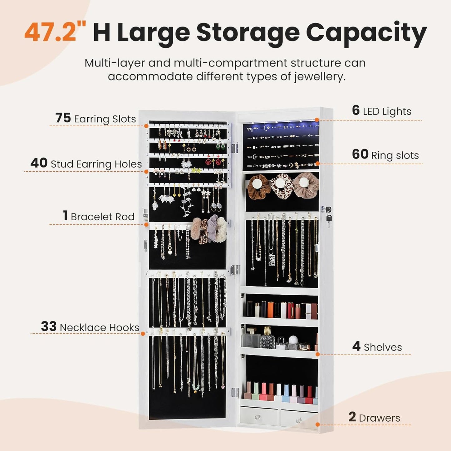 6 Leds Jewelry Cabinet Organizer, 47.2-Inch Jewelry Armoire with Full-Length Mirror, Wall or Door Mounted Jewelry Storage, Lockable Large Capacity Storage, White