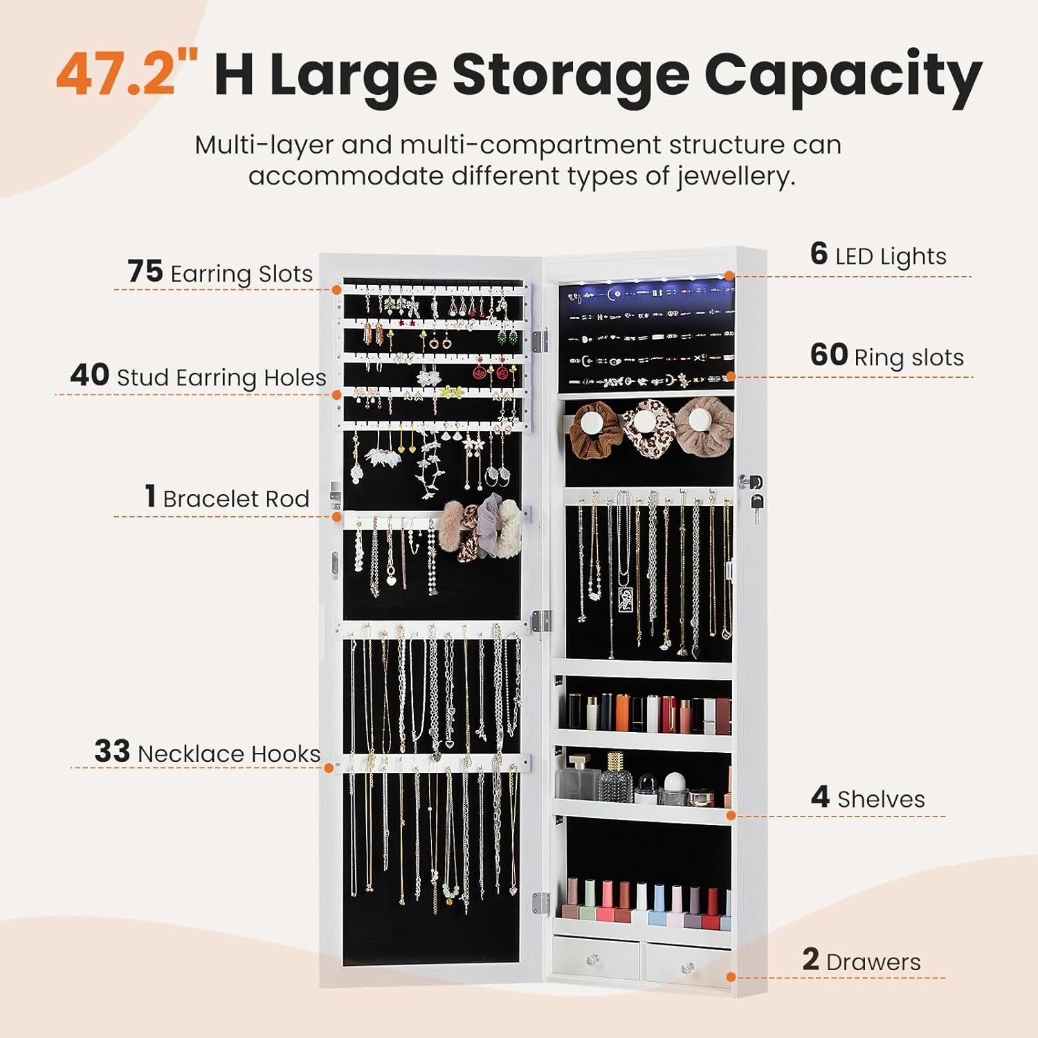 6 Leds Jewelry Cabinet Organizer, 47.2-Inch Jewelry Armoire with Full-Length Mirror, Wall or Door Mounted Jewelry Storage, Lockable Large Capacity Storage, White