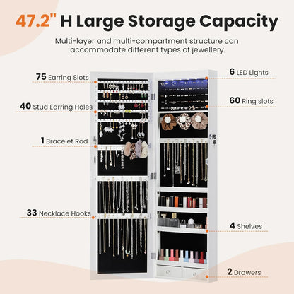 6 Leds Jewelry Cabinet Organizer, 47.2-Inch Jewelry Armoire with Full-Length Mirror, Wall or Door Mounted Jewelry Storage, Lockable Large Capacity Storage, White