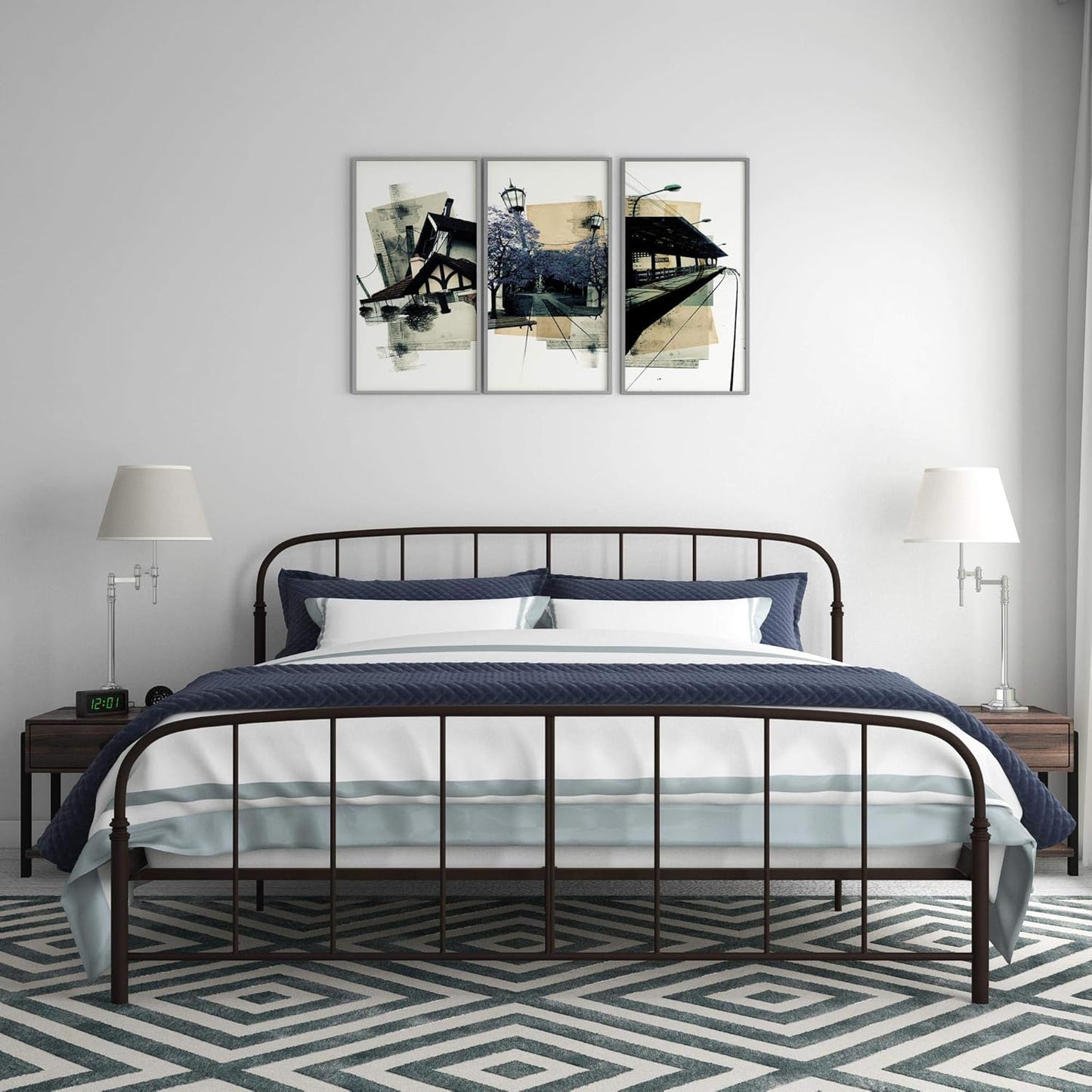 Lafayette Metal Platform Bed with Rustic Style Curved Headboard and Footboard, Adustable Base Height for Underbed Storage, No Box Spring Needed, King, Bronze