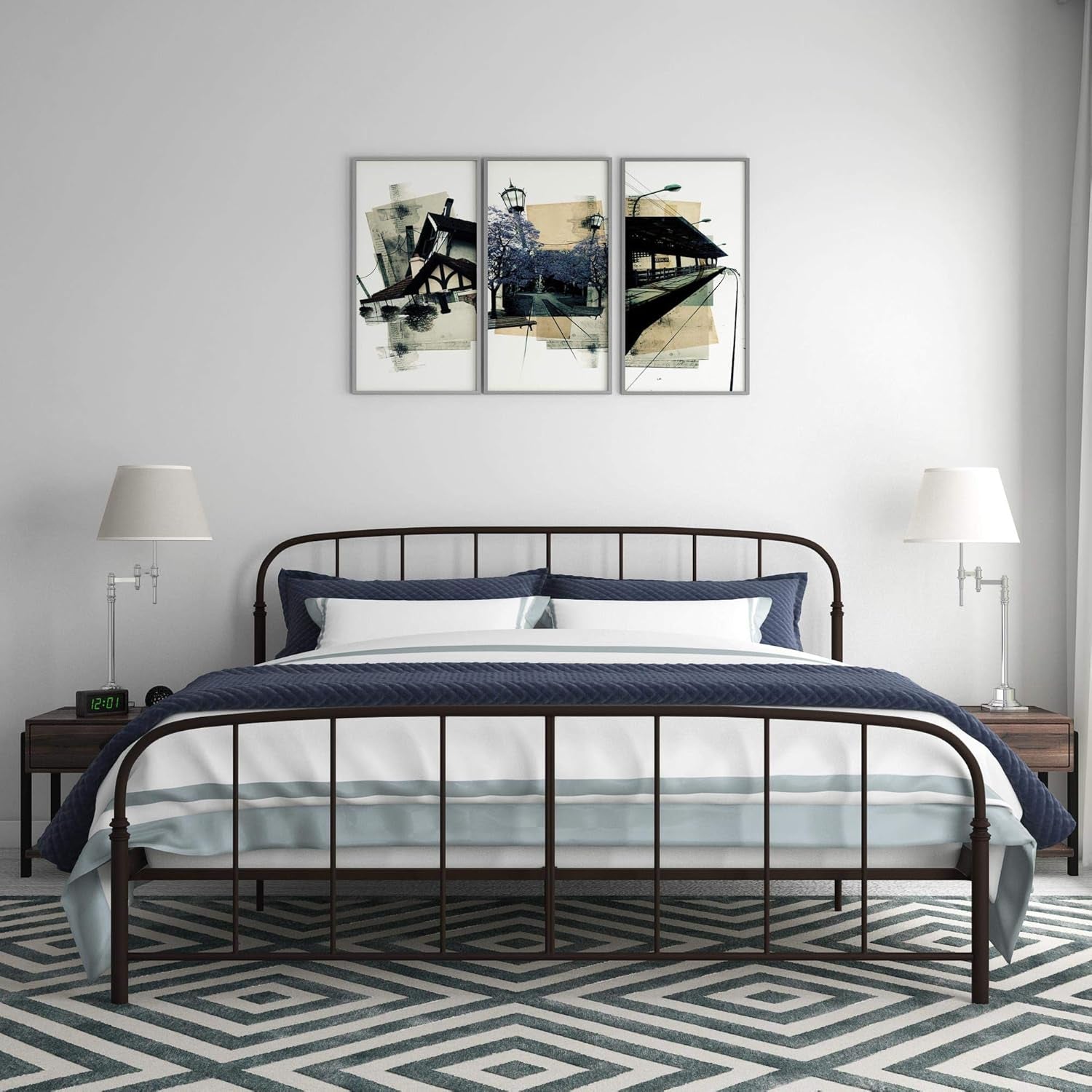 Lafayette Metal Platform Bed with Rustic Style Curved Headboard and Footboard, Adustable Base Height for Underbed Storage, No Box Spring Needed, King, Bronze