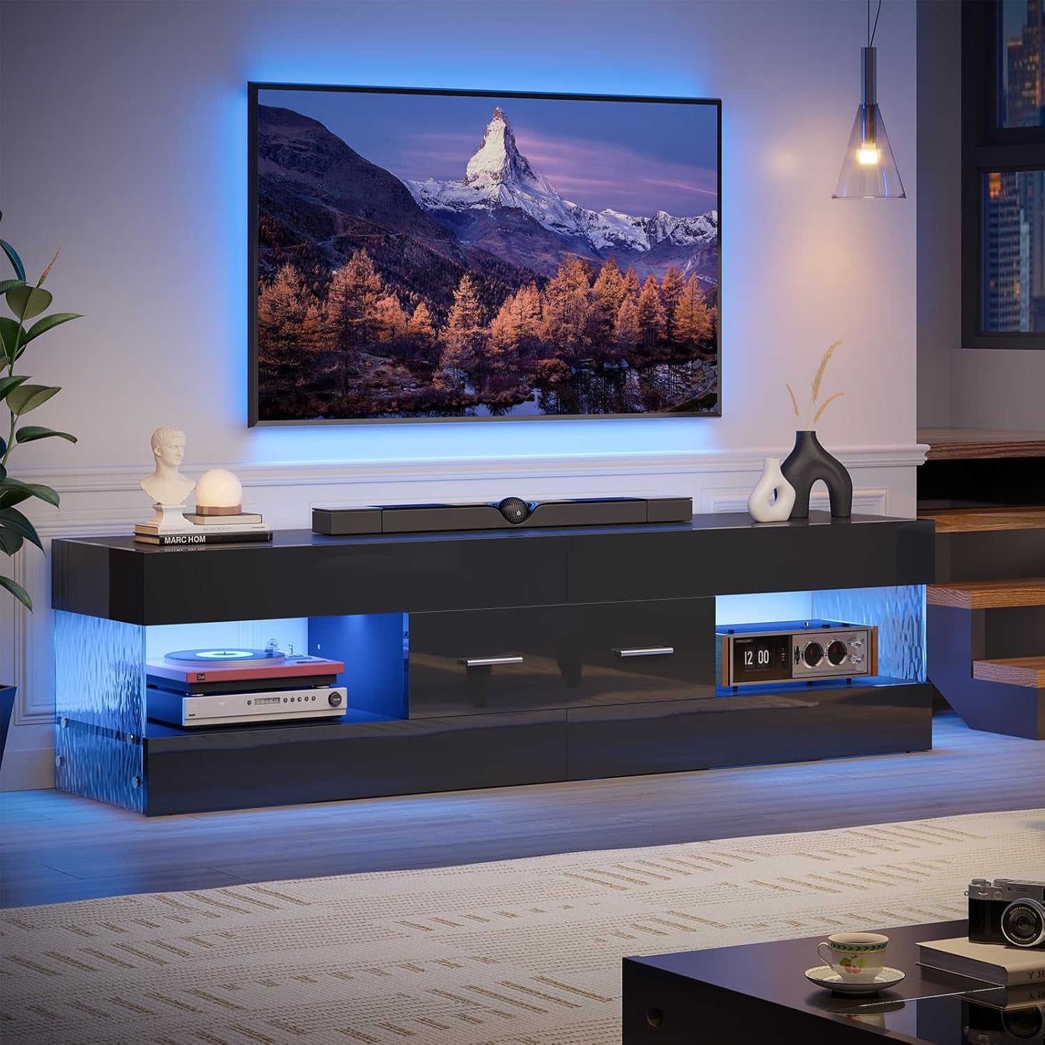 Black TV Stand for 55/60/65 Inch TV, High Gloss Modern TV Stand with Stone-Patterned Side Panels, LED Entertainment Center with Large Drawer, TV Consoles for Living Room, Bedroom