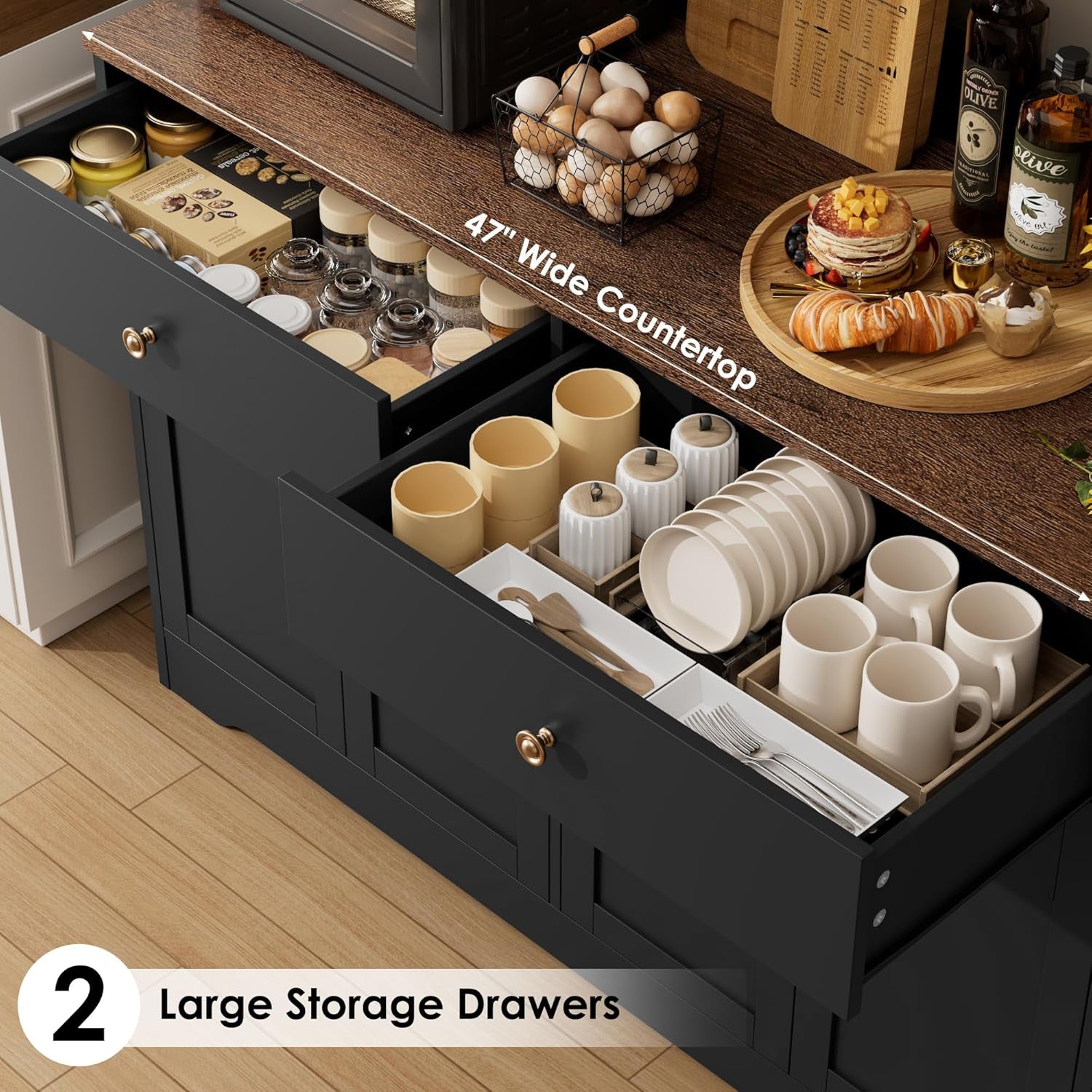 71" LED Kitchen Pantry Cabinet with Power Outlet, Large Kitchen Hutch Storage Cabinet with Arched Door & Shelves & 2 Drawers, Tall Farmhouse Coffee Bar W/Hutch for Home Dining Living Room, Black