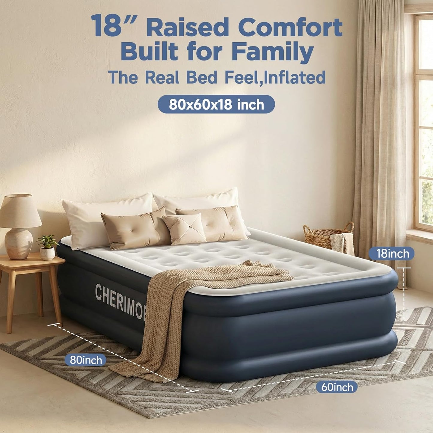 Queen Air Mattress with Built in Pump, 18" Elevated Height, 48Hr Leak-Tested, Honeycomb Coil Support, 800 Lbs Capacity, Fast 3-Min Inflation Blow up Mattress for Guest Room & Sleepover