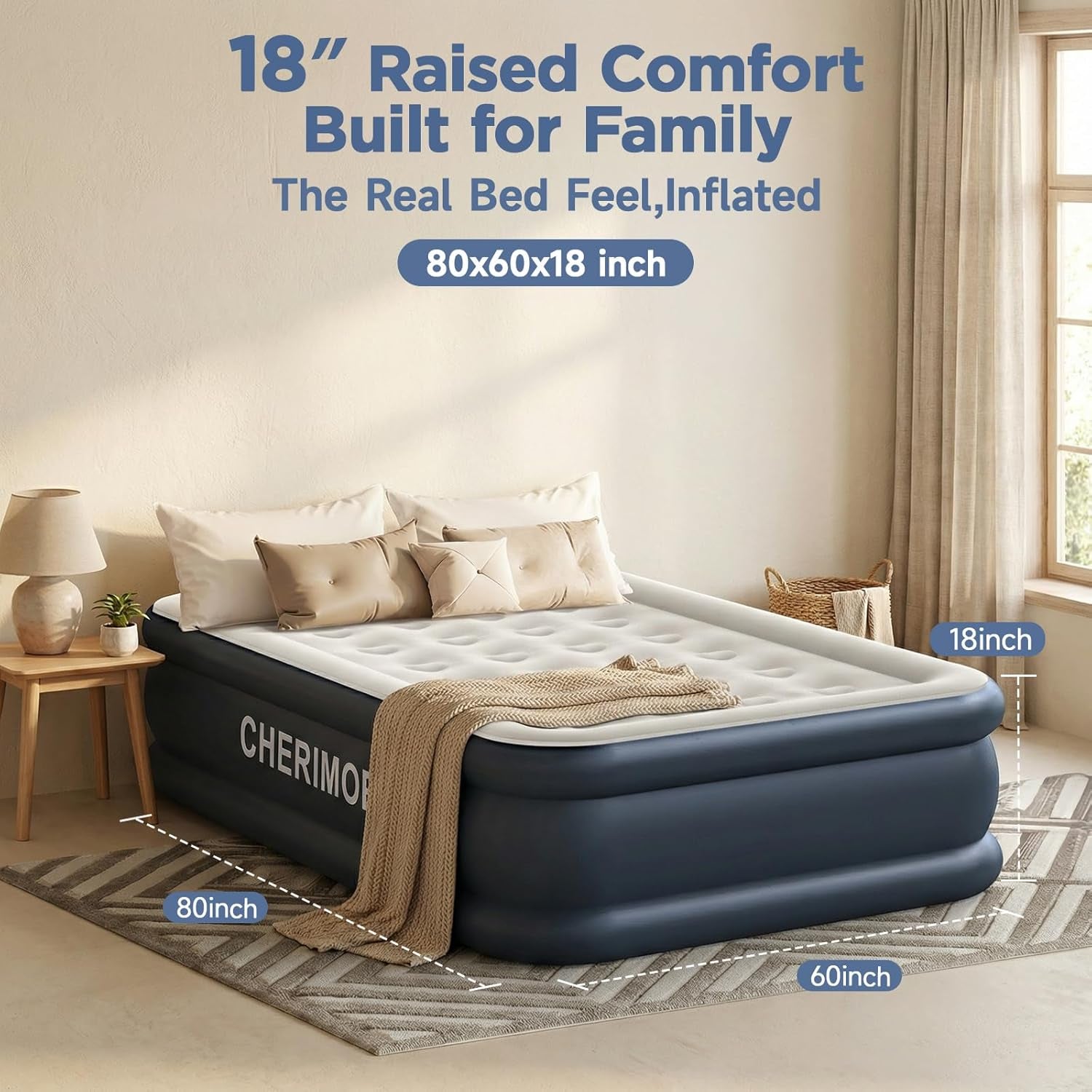 Queen Air Mattress with Built in Pump, 18" Elevated Height, 48Hr Leak-Tested, Honeycomb Coil Support, 800 Lbs Capacity, Fast 3-Min Inflation Blow up Mattress for Guest Room & Sleepover
