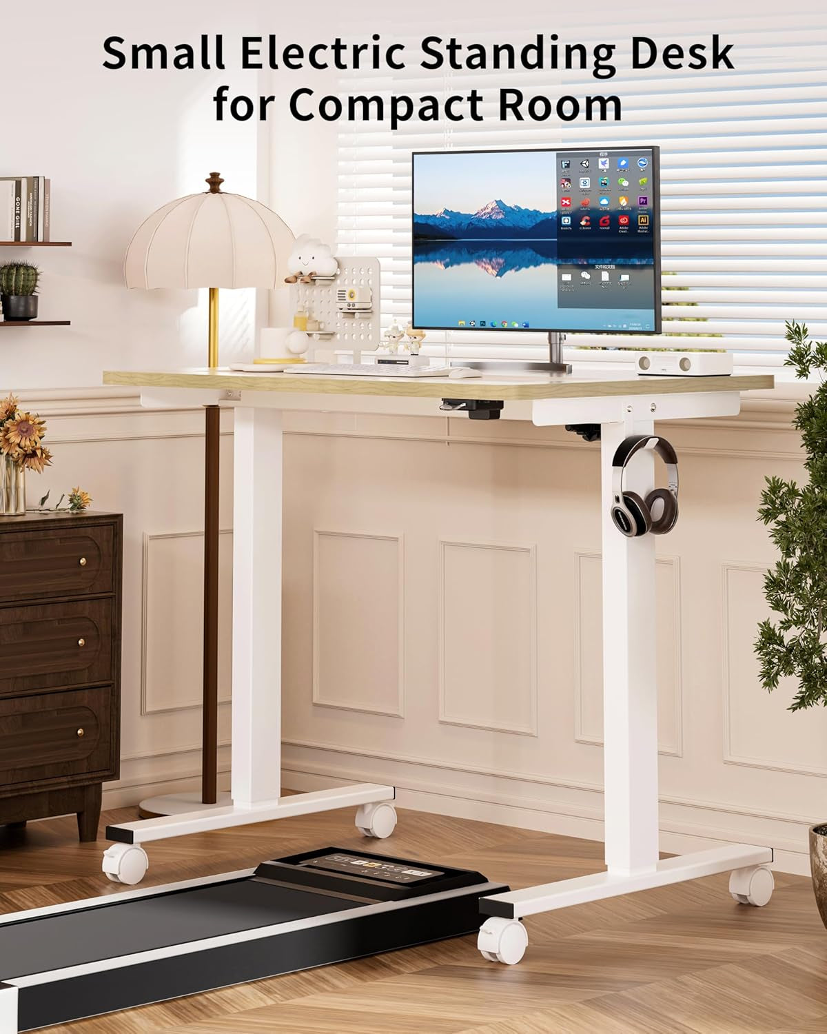 Small Electric Standing Desk, 36" X 24" Whole Piece Height Adjustable Desk, Oak Sit to Stand Computer Workstation with Wheels for Home Office