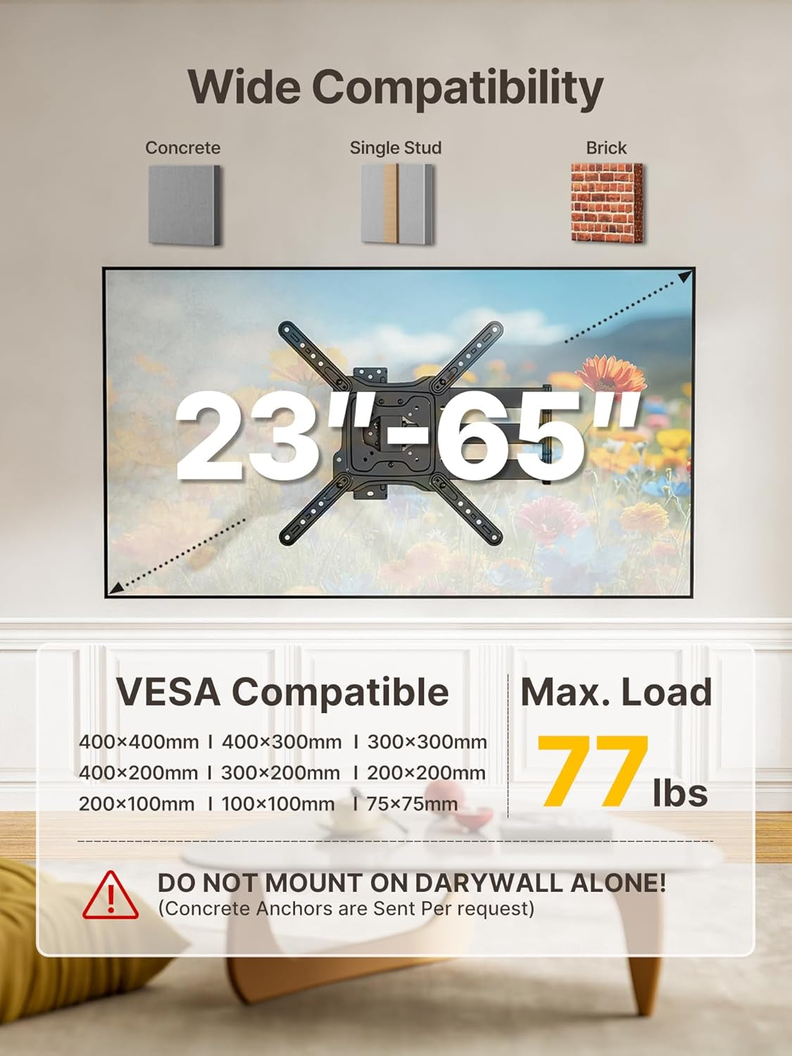 Long Arm TV Wall Mount for Most 23-65 Inch Tvs, 29 Inch Long Extension TV Mount Swivel and Tilt, Full Motion Wall Mount Tv Bracket Fit Max VESA 400 X 400Mm, up to 77 Lbs