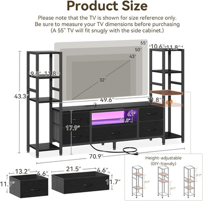 TV Stands for 40/43/50 Inch TV, Entertainment Center with LED Lights & Power Outlets, TV Stand Living Room with 5 Fabric Drawers, TV Console Cabinet for Bedroom, Black