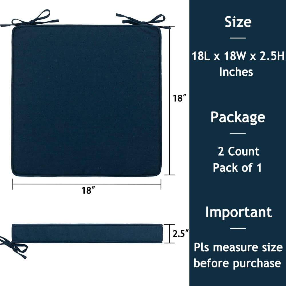 Square Corner Seat Cushion, 18" X 18" X 2.5", 2 Pack, Indoor/Outdoor Waterproof Weather Resistant Universal Chair Pads for Patio Garden Dining - Blue Navy