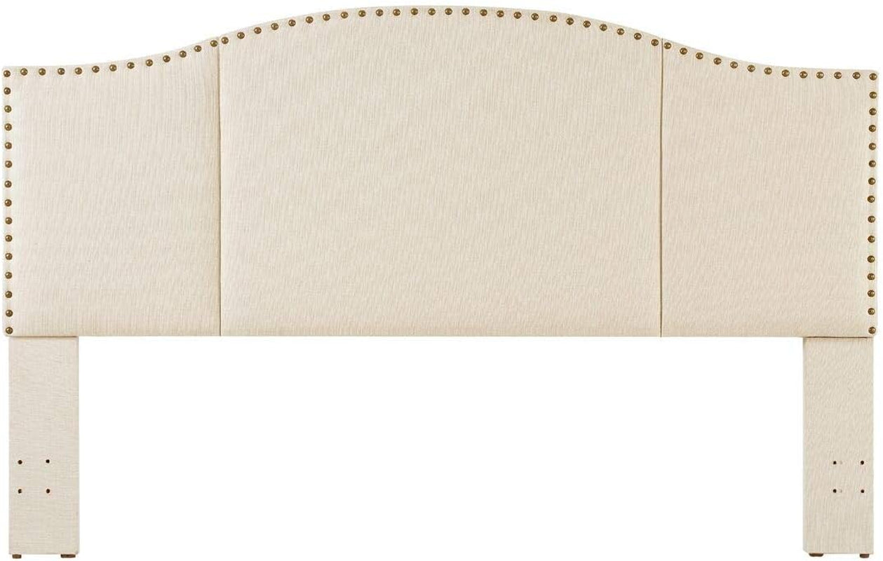 Middle Century Linen Upholstered Tufted King Size Headboard with Antique Brass Nail Heads Trim King/California King Headboard-Ivory