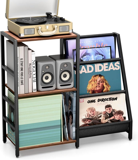 Record Player Stand, Turntable Stand with Vinyl Record Storage Holds up to 300+ Albums, 3-Tier Storage Cabinet and Table with Vinyl LP Display Shelf Holder, Turntable Cabinet Media Console for Living Room