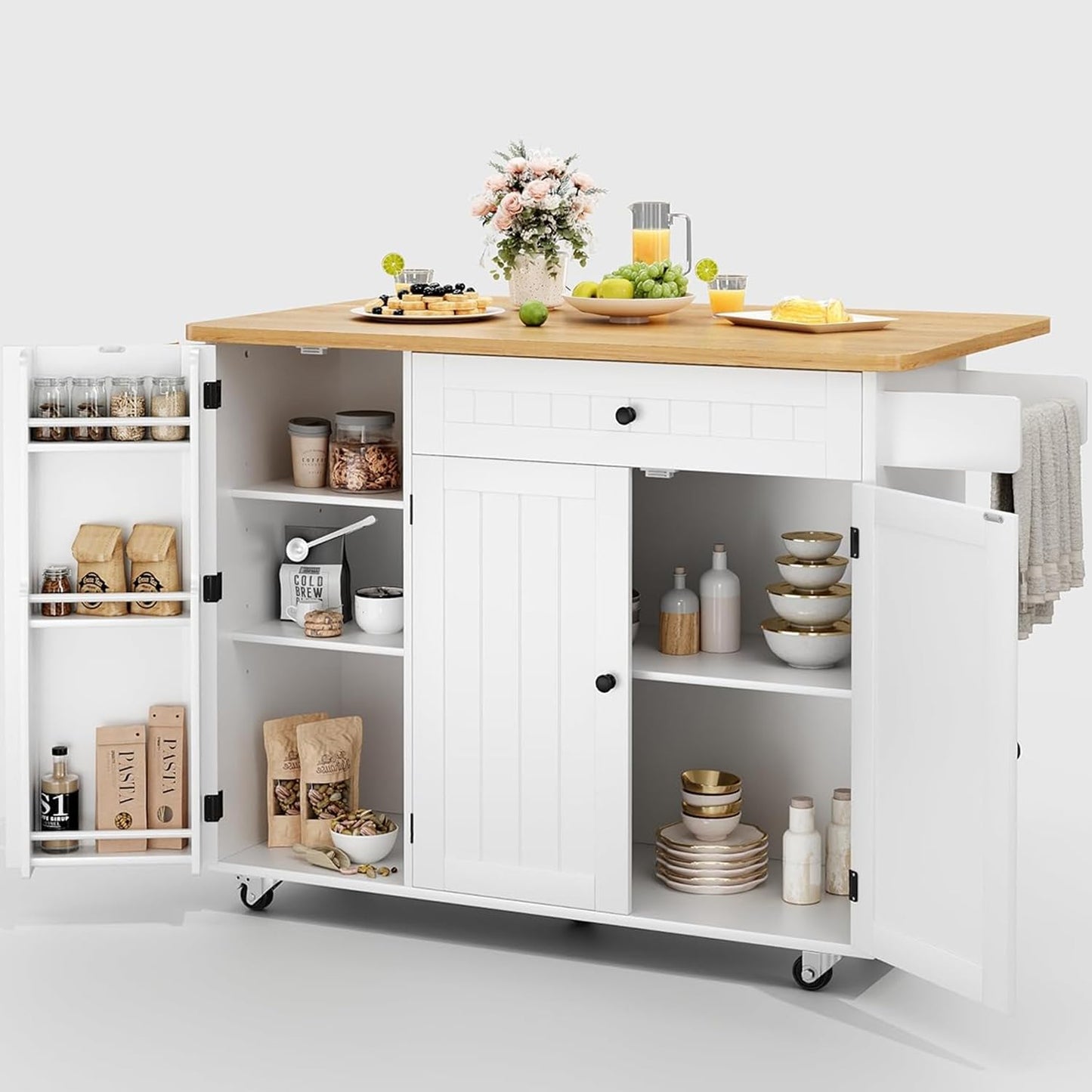 Kitchen Island with Storage, 41.7" Rolling Cart with Drop Leaf, Portable Island Table on Wheels, Spice Rack, Towel Rack and Drawer, White, 41.7" L X 29.5" W