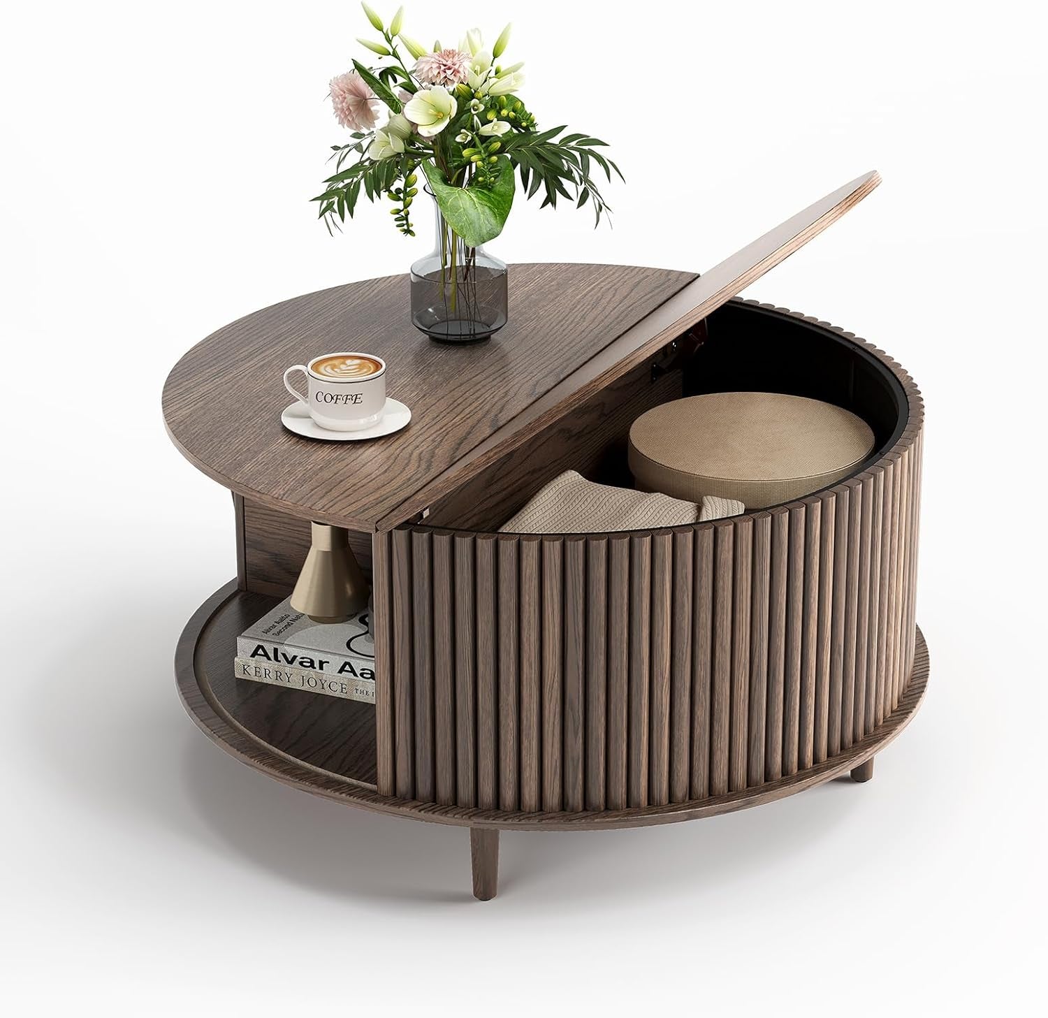 Round Coffee Table with Storage,Fluted Center Table with Sliding Cabinet Door for Living Room,Home Small Space,31.5" Small Center Table,Walnut