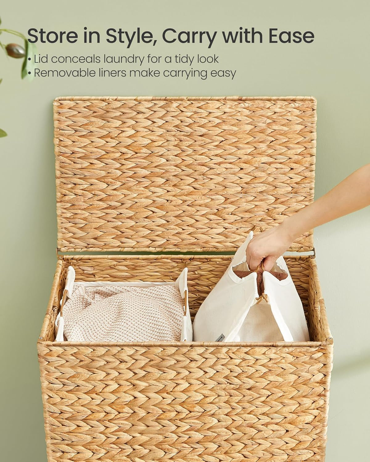 Laundry Hamper 2 Sections, 34.3 Gal. (130 L) Handwoven Water Hyacinth Wicker Laundry Basket with Lid, Natural Material, Removable Machine Washable Liners, Handles, Natural ULCB202Y01