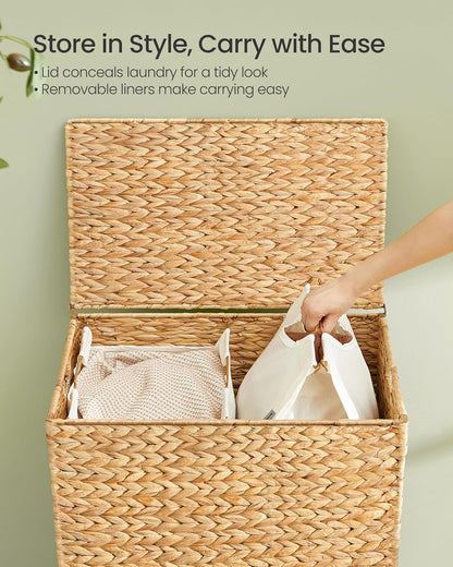 Laundry Hamper 2 Sections, 34.3 Gal. (130 L) Handwoven Water Hyacinth Wicker Laundry Basket with Lid, Natural Material, Removable Machine Washable Liners, Handles, Natural ULCB202Y01