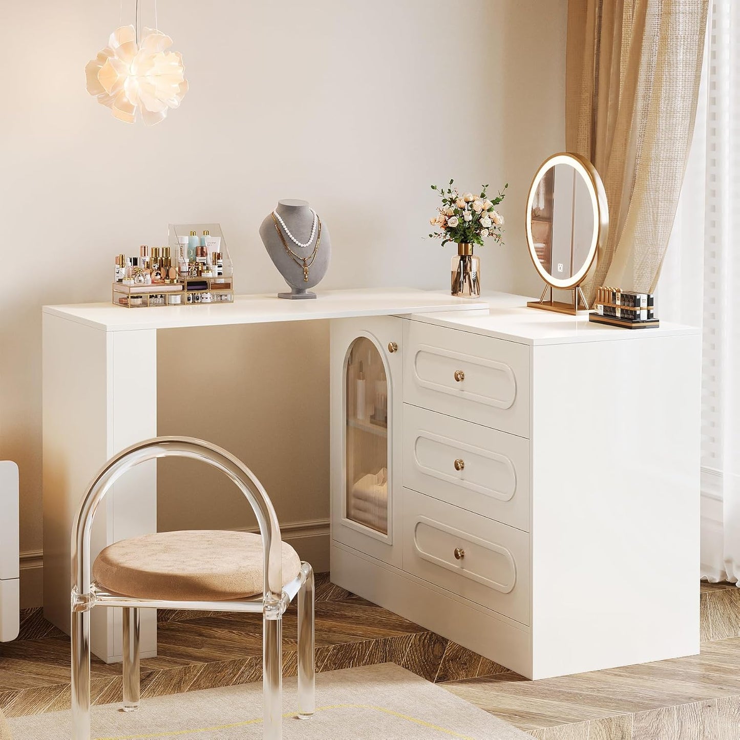 Corner Makeup Vanity Desk with 3 Drawers, 78" Modern L-Shaped Vanity Table with Reversible Cabinet, Extendable Dressing Table Combo with 1 Door for Women & Girls Bedroom (Without Mirror)