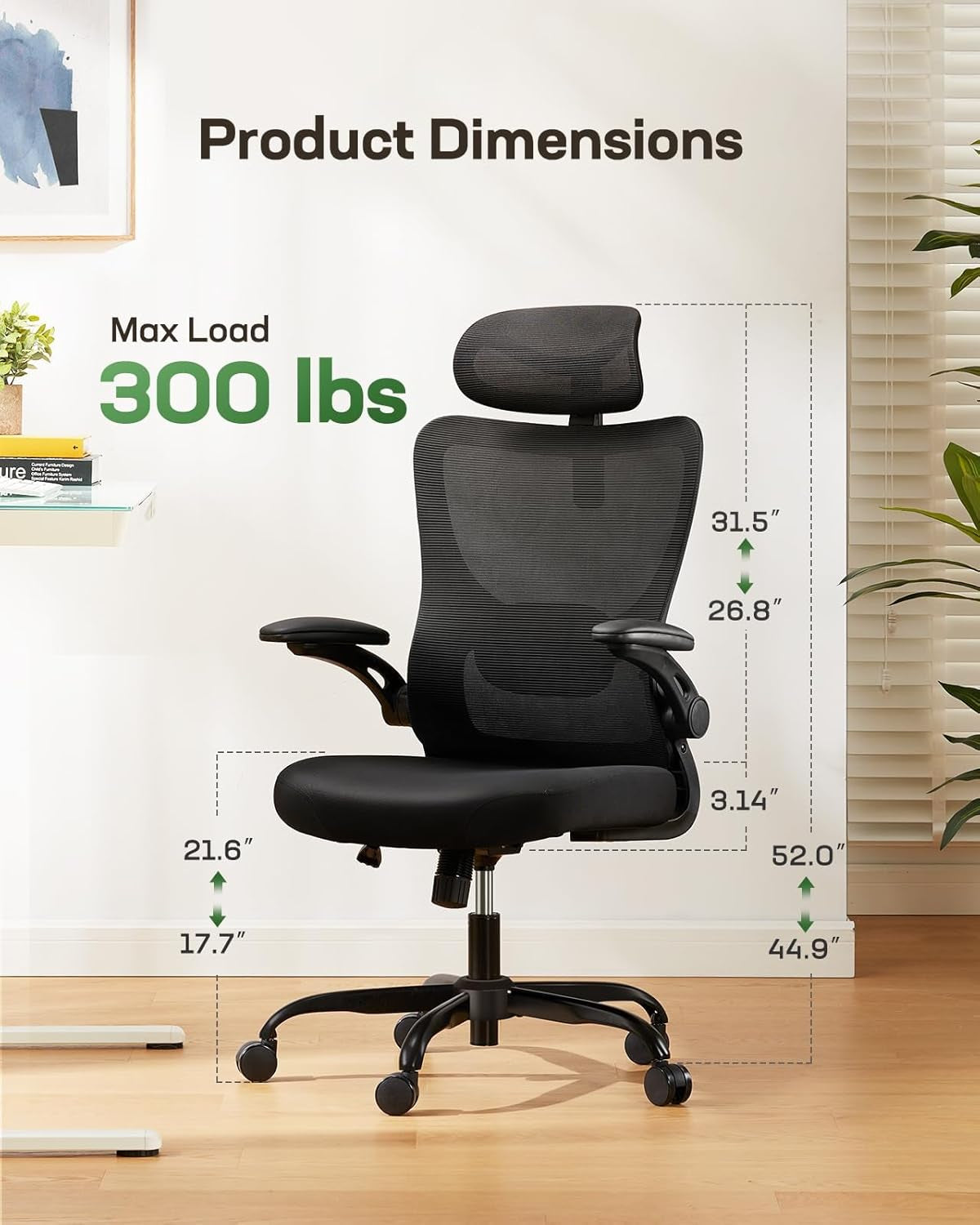 Ergonomic Office Chair: Office Desk Chair with High Back Mesh and Adjustable Lumbar Support Rolling Work Swivel Task Chairs with Wheel 3D Armrests and Headrest