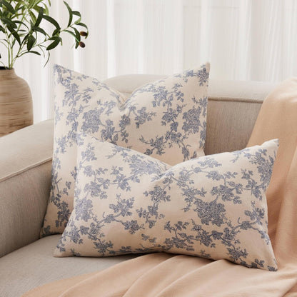 100% Cotton French Pastoral Throw Pillow Covers Set of 2, 18X18 Inch Blue Farmhouse Decorative Cushion Covers for Sofa Bed Living Room Home Decor