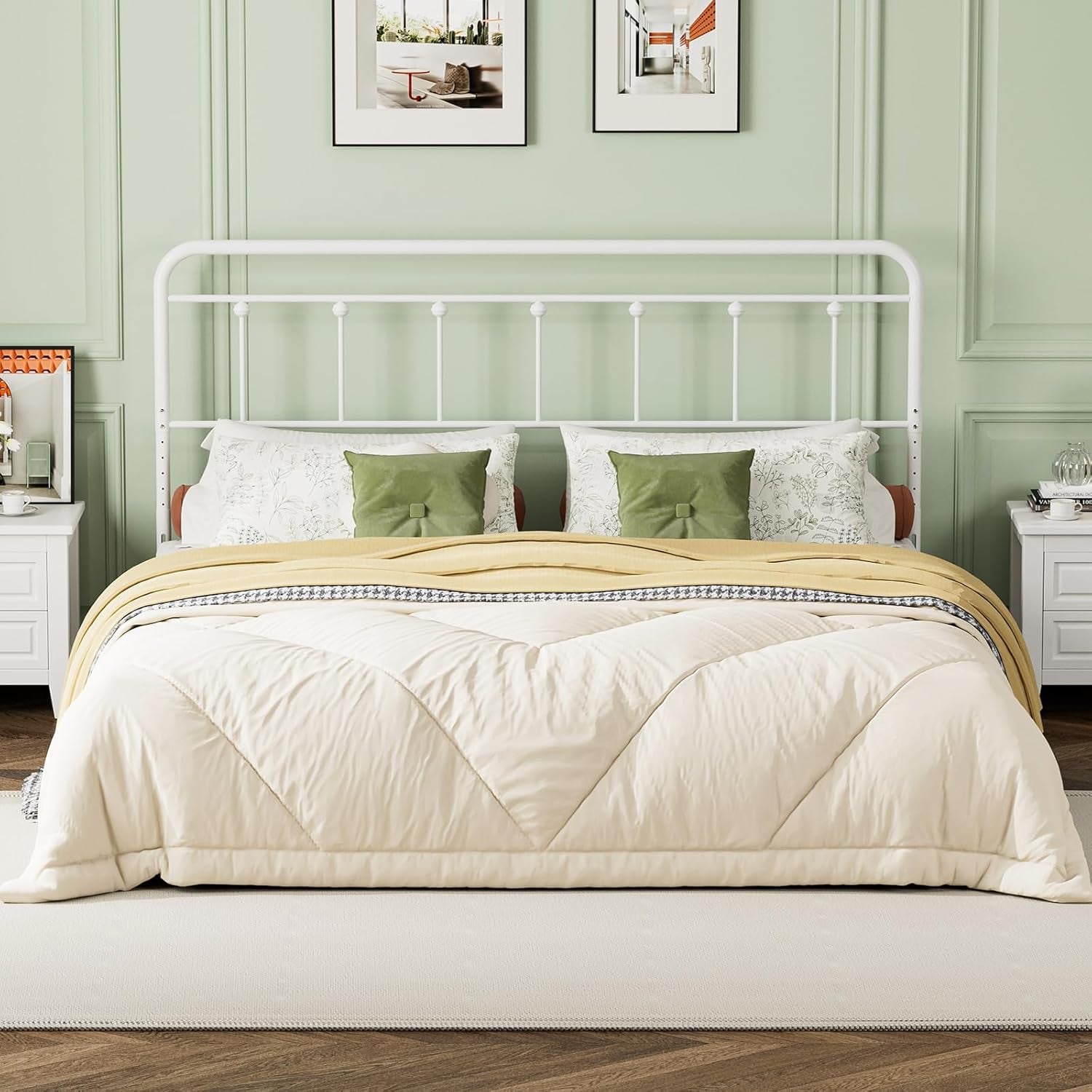 Metal California King Headboard Only, Adjustable Height, Steel Cal King Headboard with Bed Frame Brackets Adapter, Farmhouse Victorian Style, Easy Assembly, White