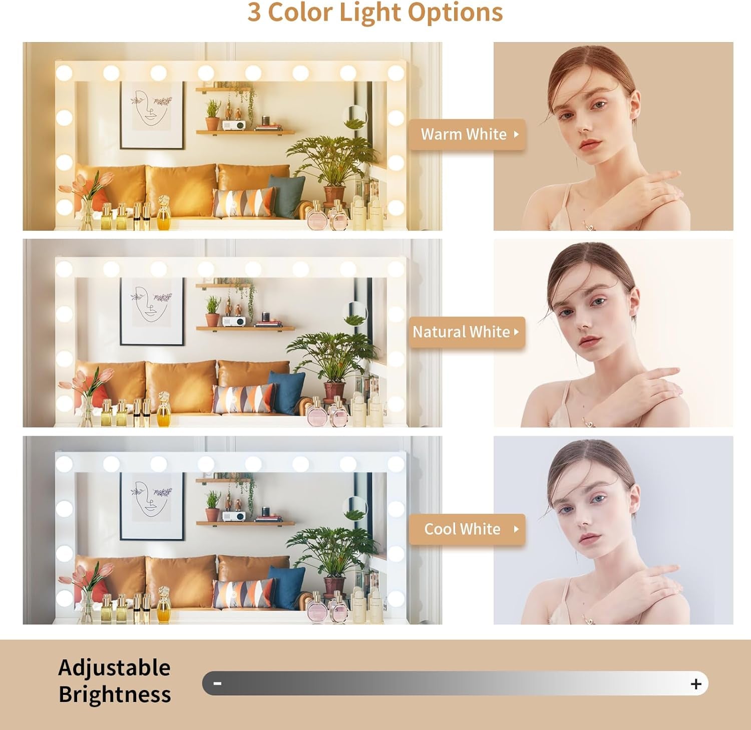 Vanity with Lighted Mirror - Makeup Vanity Desk with Glass Top and 11 Drawers, 3 Color Lighting Modes Adjustable Brightness, 46" Vanity Table with Soft Cushioned Stool for Bedroom, White