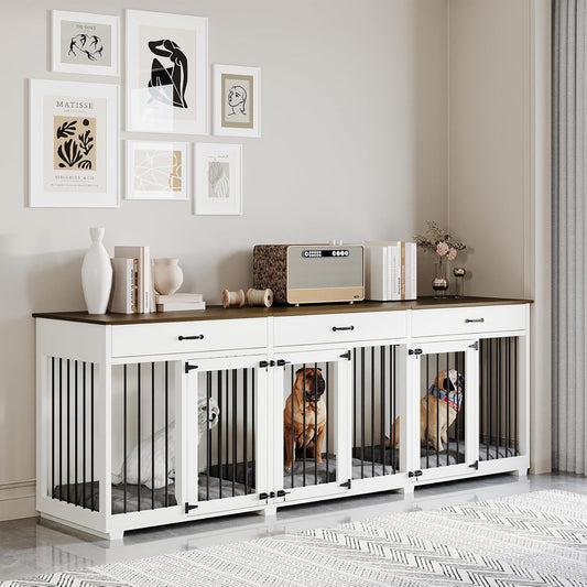 Dog Crate Furniture - Indoor Wooden Dog Kennel Crate with 2 Dividers, 3 Drawers, and 3 Lockable Doors, 95"X23.6"X31.5"H, White
