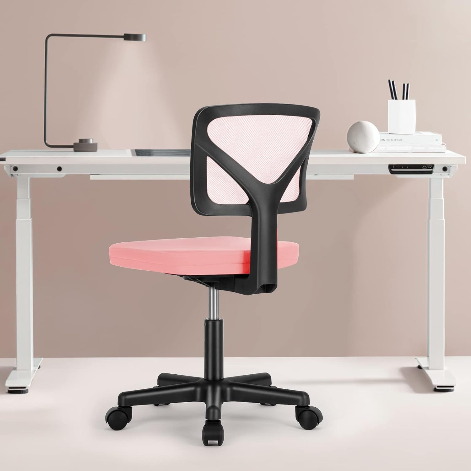 Office Computer Desk Chair, Ergonomic Low-Back Mesh Rolling Work Swivel Chairs with Wheels, Armless Comfortable Seat Lumbar Support for Home, Bedroom, Study, Student, Adults, Pink