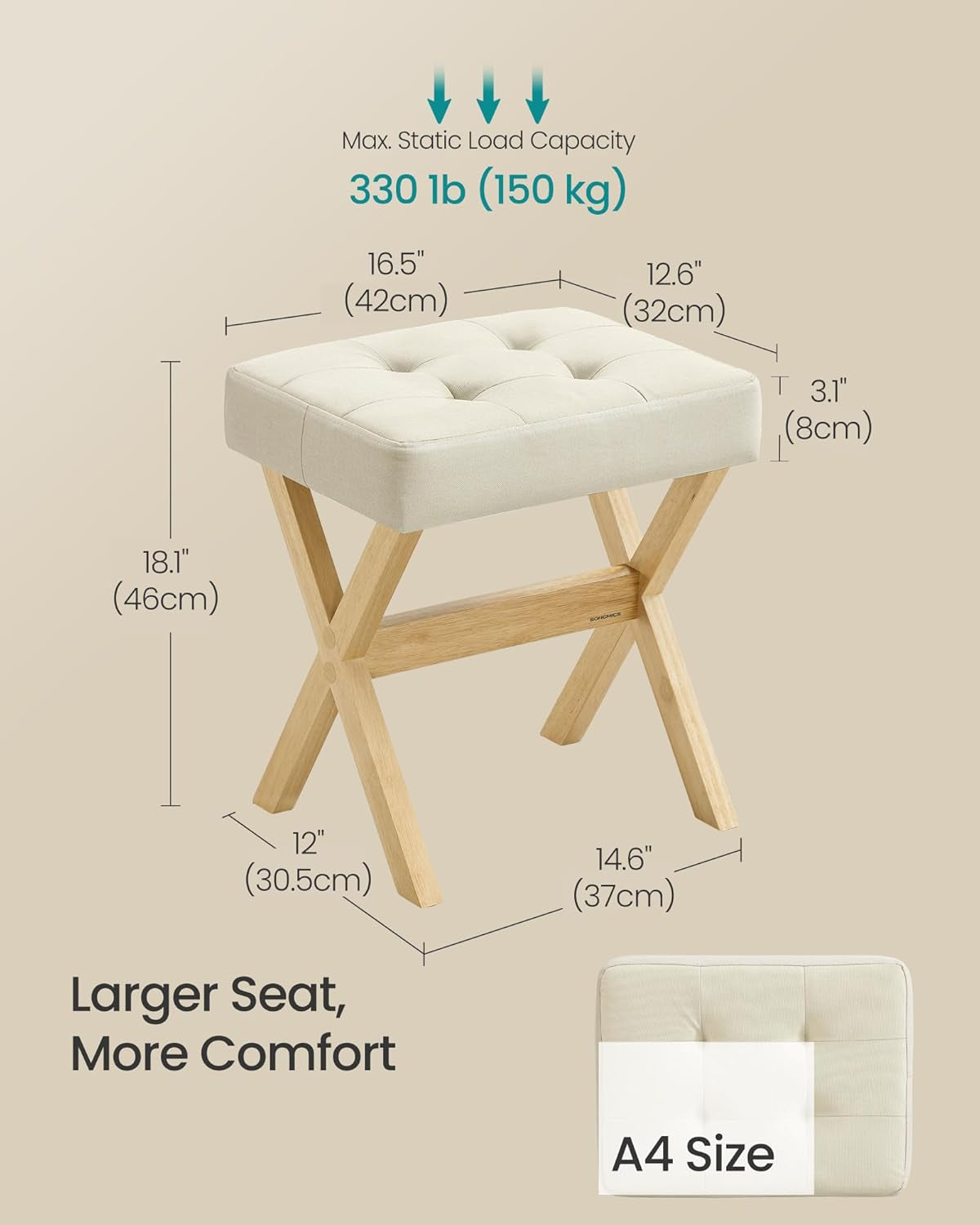 Makeup Stool, Padded Vanity Stool, Foot Rest, Solid Wood X Legs, for Bedroom, Closet, Entryway, 12.6 X 16.5 X 18.1 Inches, Summer Sand and Natural Beige ULSF006LF02