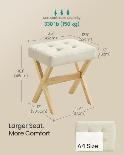 Makeup Stool, Padded Vanity Stool, Foot Rest, Solid Wood X Legs, for Bedroom, Closet, Entryway, 12.6 X 16.5 X 18.1 Inches, Summer Sand and Natural Beige ULSF006LF02